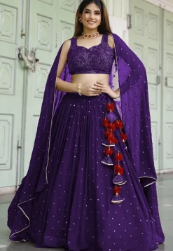 Embroidered Georgette Lehenga in Purple