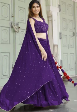 Embroidered Georgette Lehenga in Purple