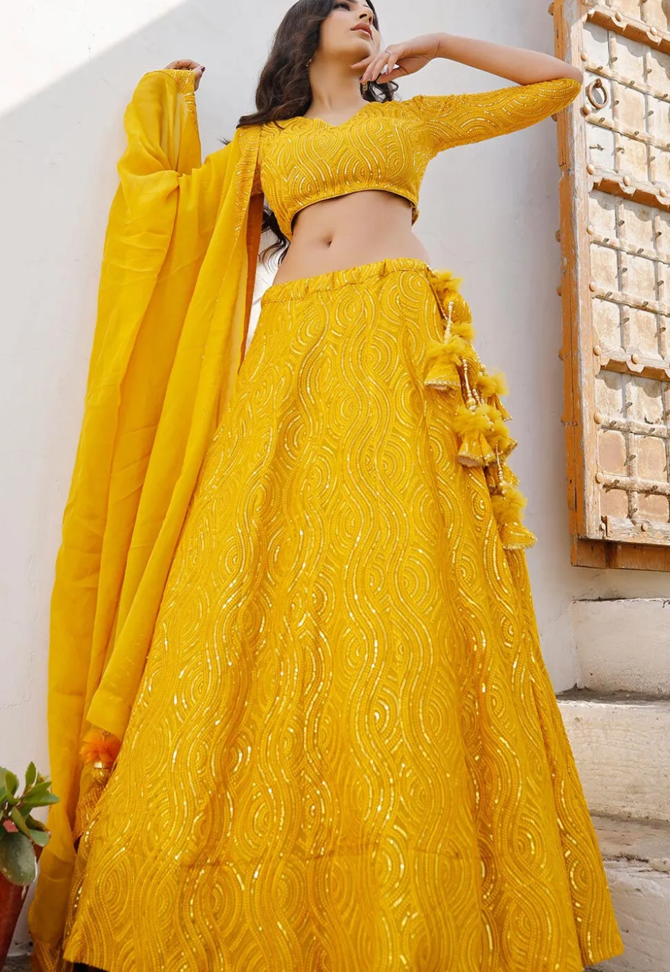Embroidered Georgette Lehenga in Mustard