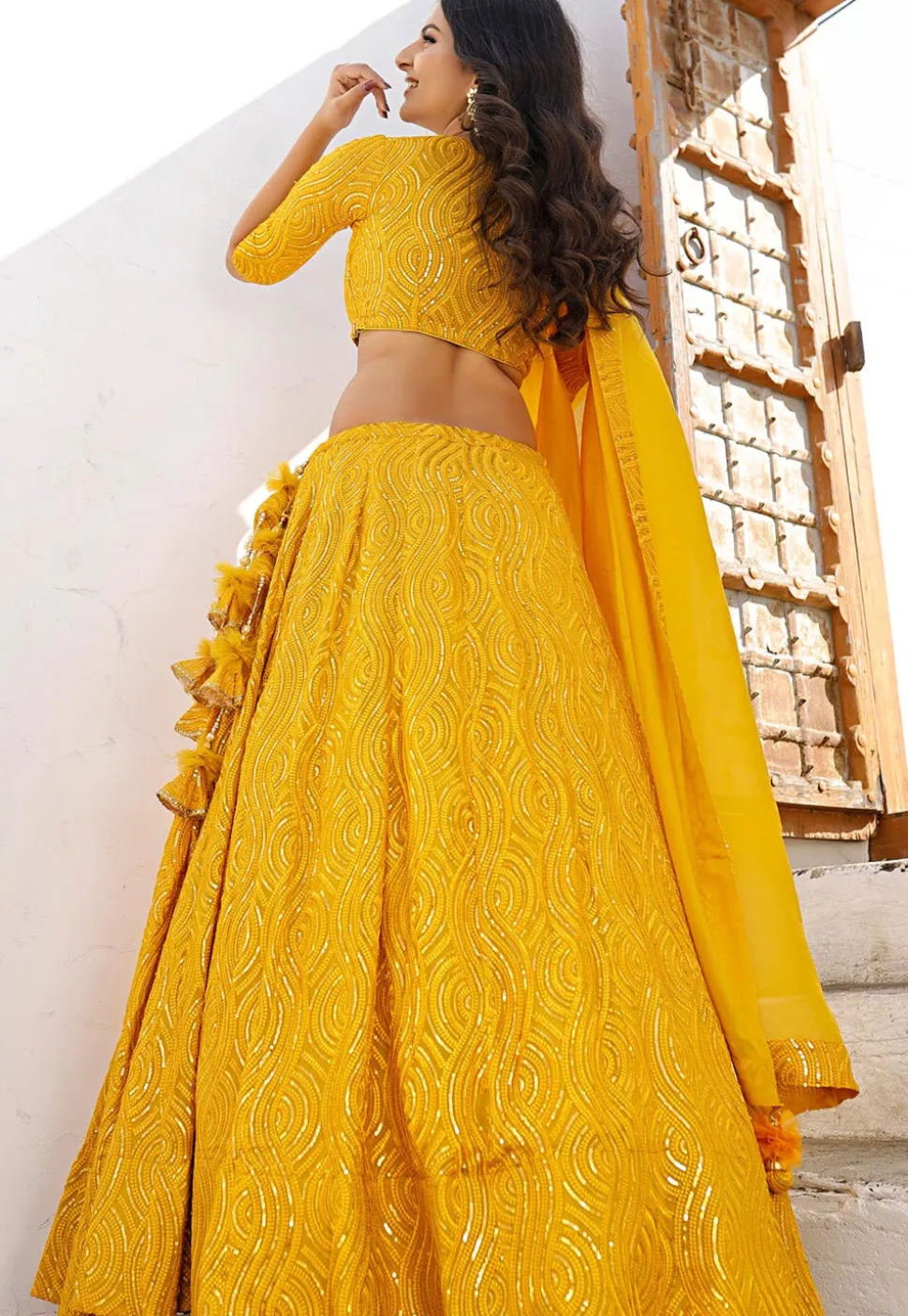 Embroidered Georgette Lehenga in Mustard