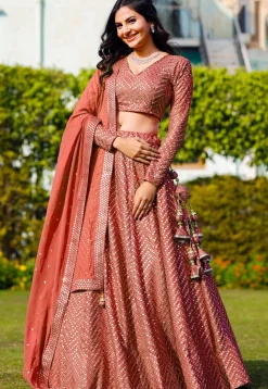 Embroidered Georgette Lehenga in Dark Peach