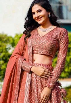 Embroidered Georgette Lehenga in Dark Peach