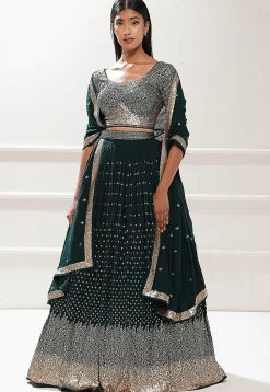 Embroidered Georgette Lehenga in Green
