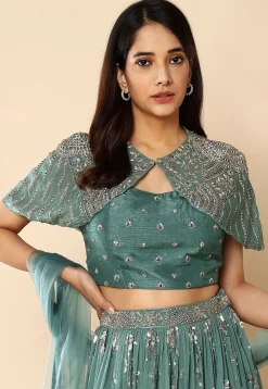 Embroidered Georgette Lehenga in Sea Green