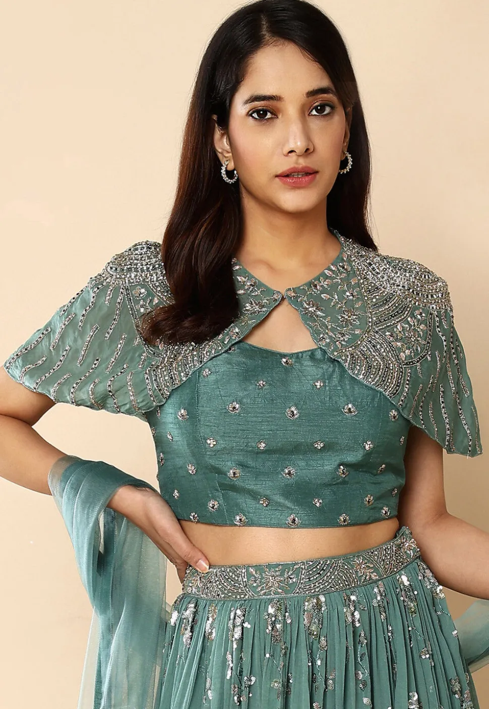 Embroidered Georgette Lehenga in Sea Green