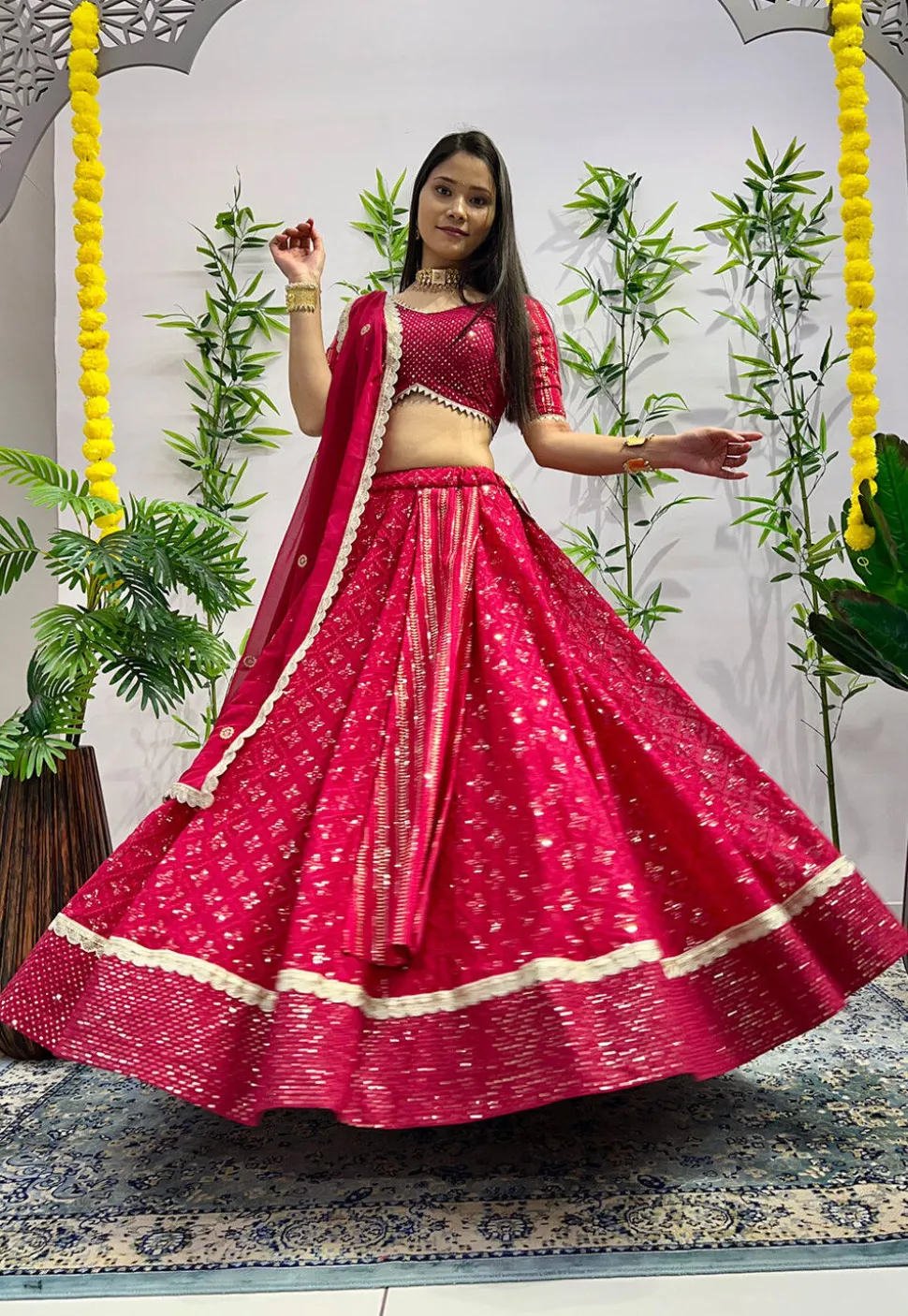 Embroidered Georgette Lehenga in Fuchsia