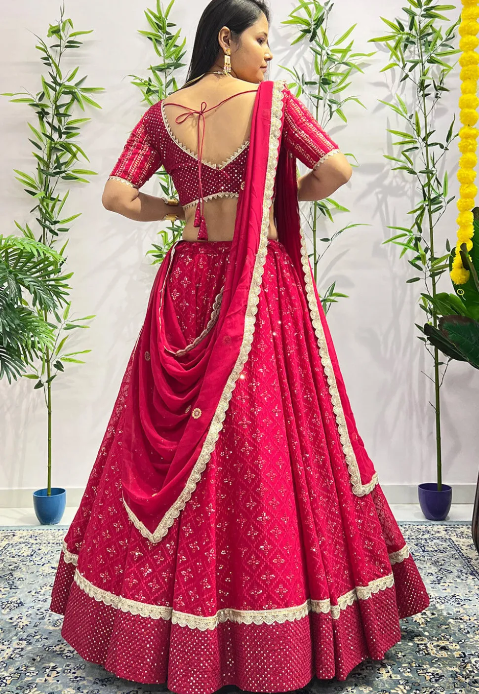 Embroidered Georgette Lehenga in Fuchsia