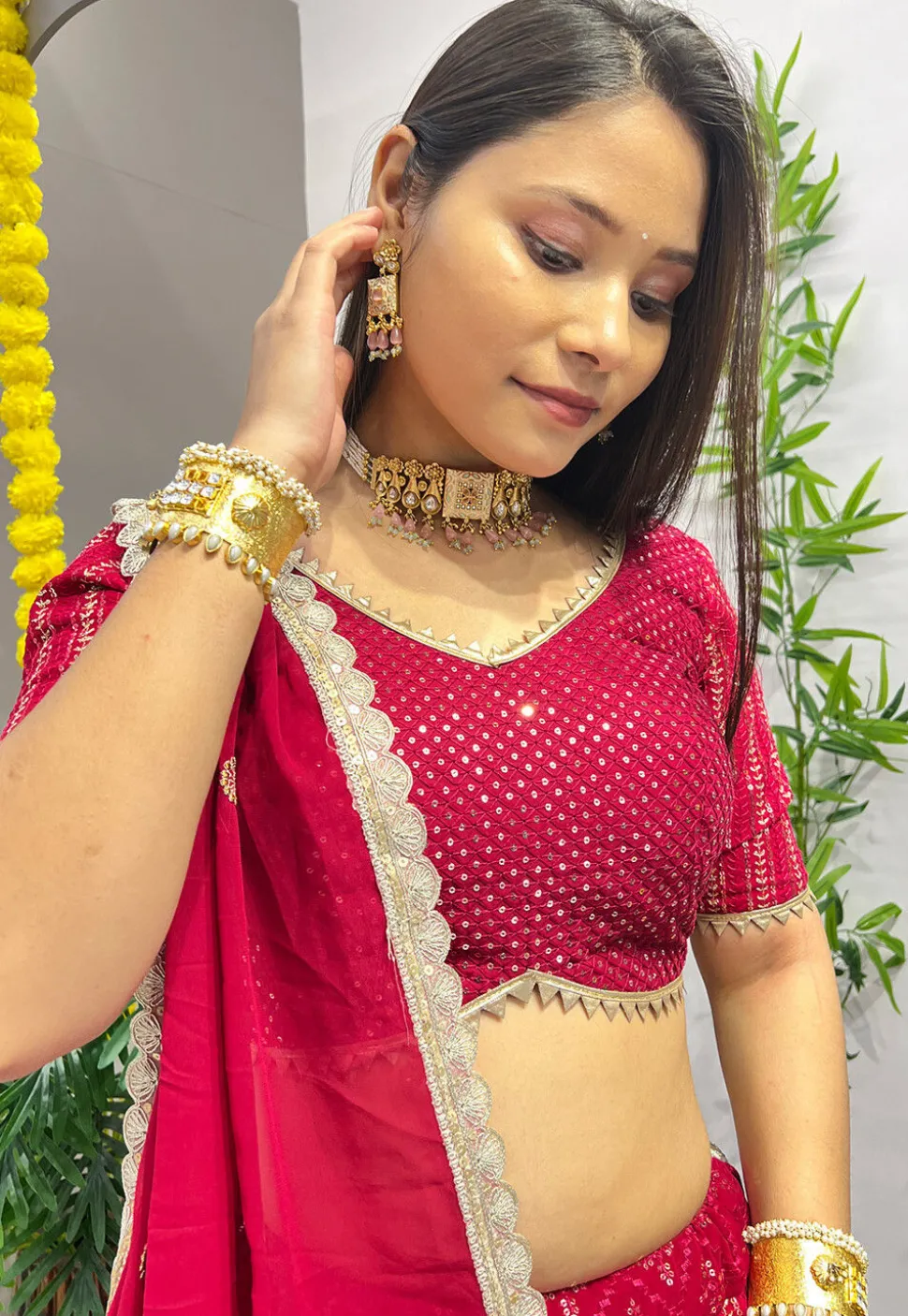 Embroidered Georgette Lehenga in Fuchsia