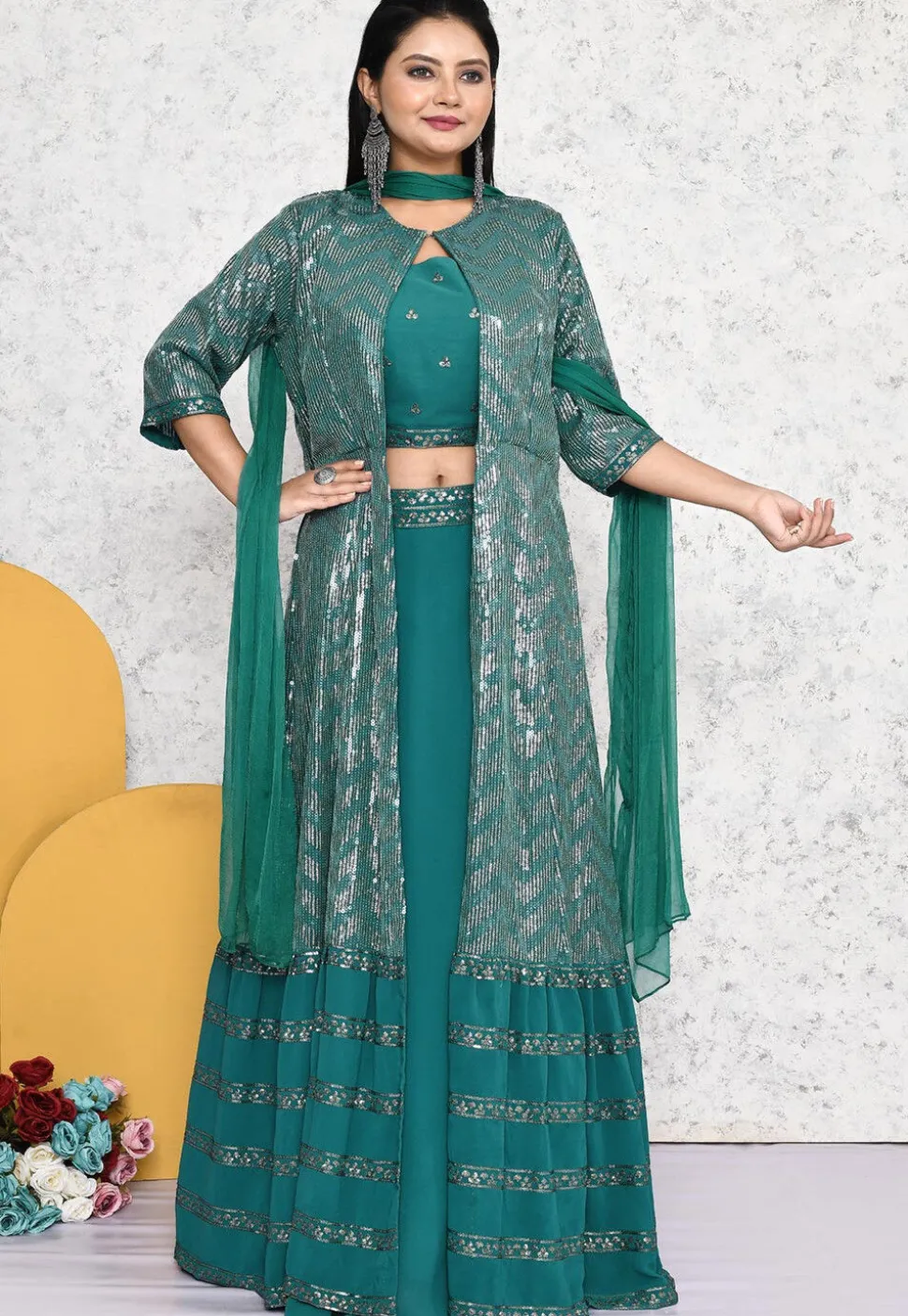 Embroidered Georgette Lehenga in Teal Green