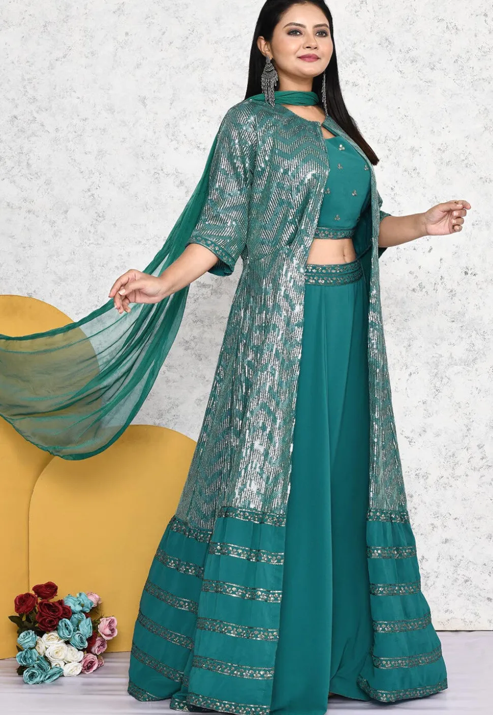 Embroidered Georgette Lehenga in Teal Green