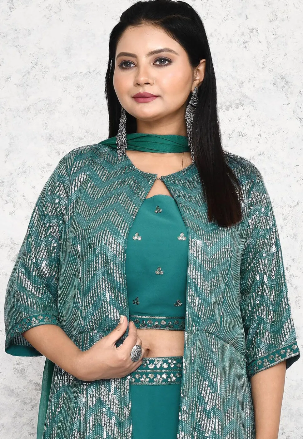 Embroidered Georgette Lehenga in Teal Green