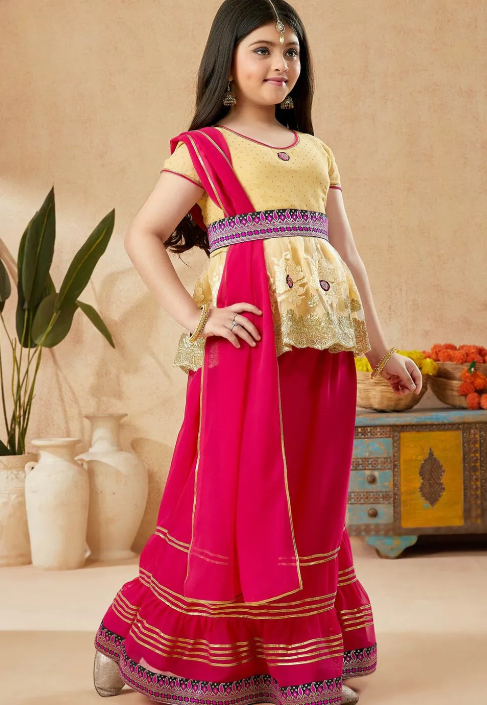 Embroidered Georgette Lehenga in Fuchsia