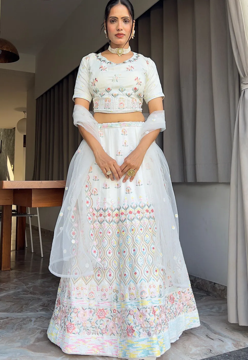 Embroidered Georgette Lehenga in Sky Blue