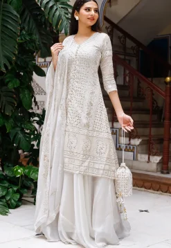 Embroidered Georgette Lehenga in White