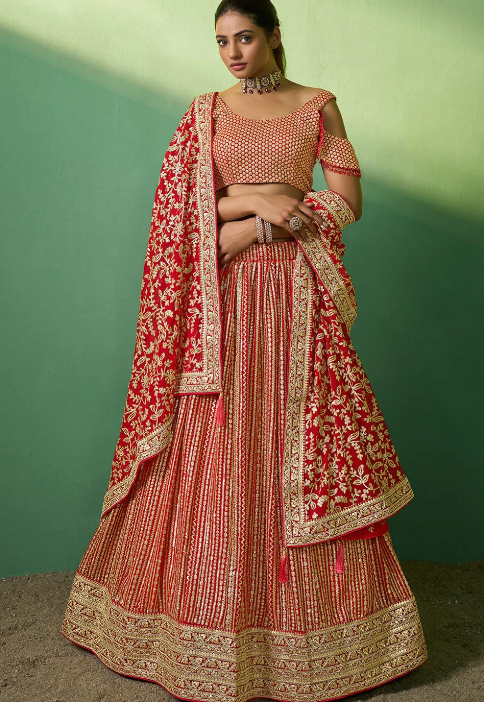 Embroidered Georgette Lehenga in Red