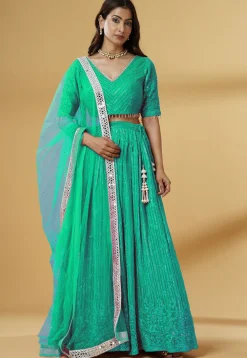 Embroidered Georgette Lehenga in Teal Green