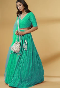 Embroidered Georgette Lehenga in Teal Green