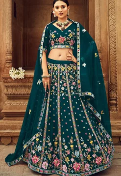 Embroidered Georgette Lehenga in Teal Green