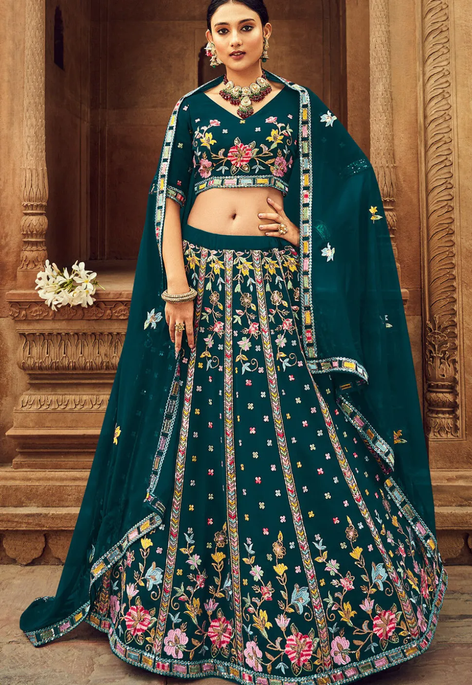 Embroidered Georgette Lehenga in Teal Green