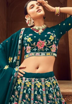 Embroidered Georgette Lehenga in Teal Green