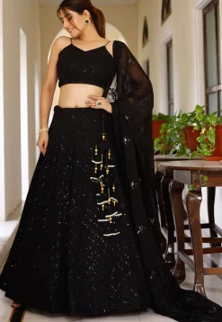 Embroidered Georgette Lehenga in Black