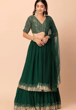 Embroidered Georgette Lehenga in Green