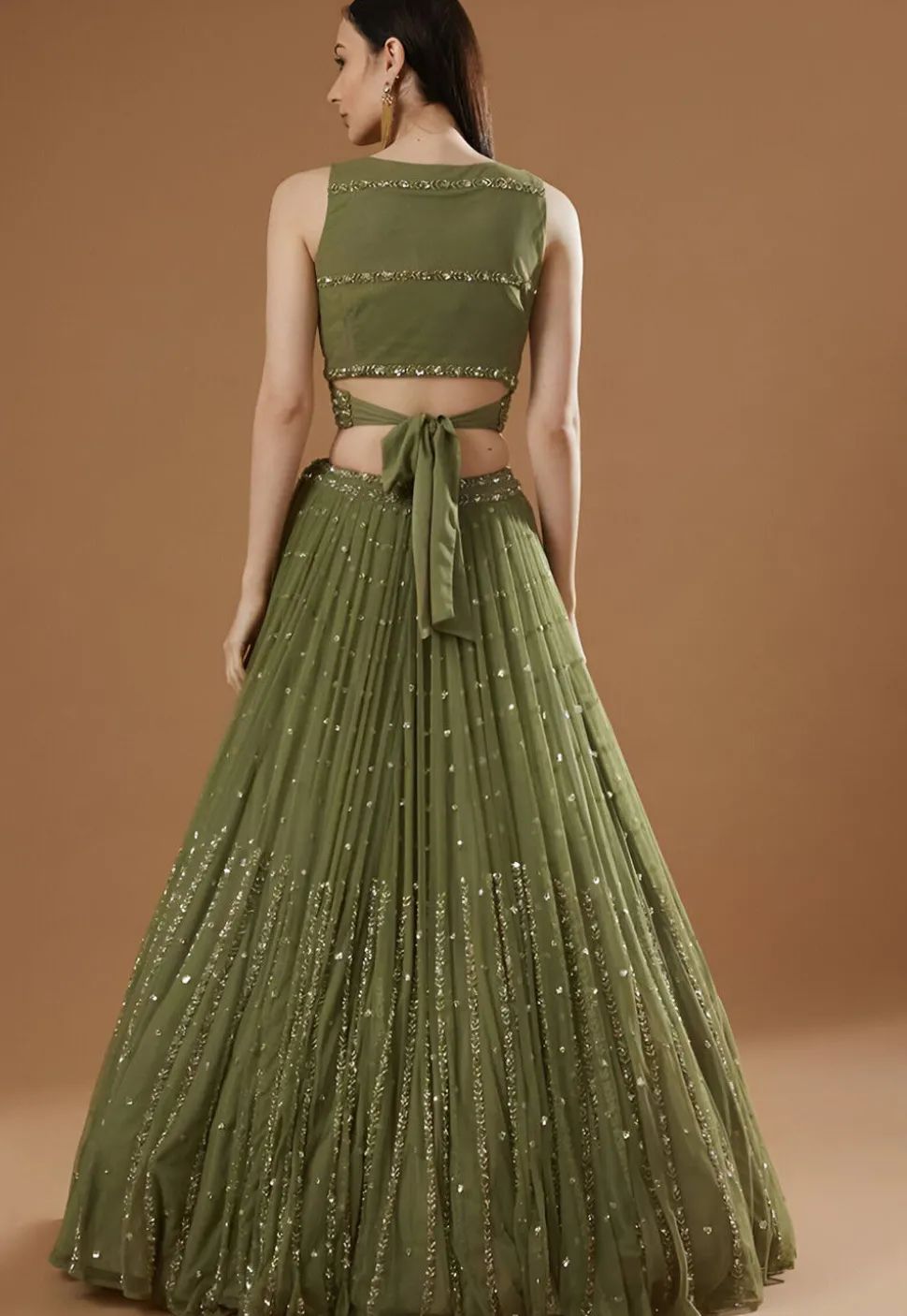 Embroidered Georgette Lehenga in Olive Green
