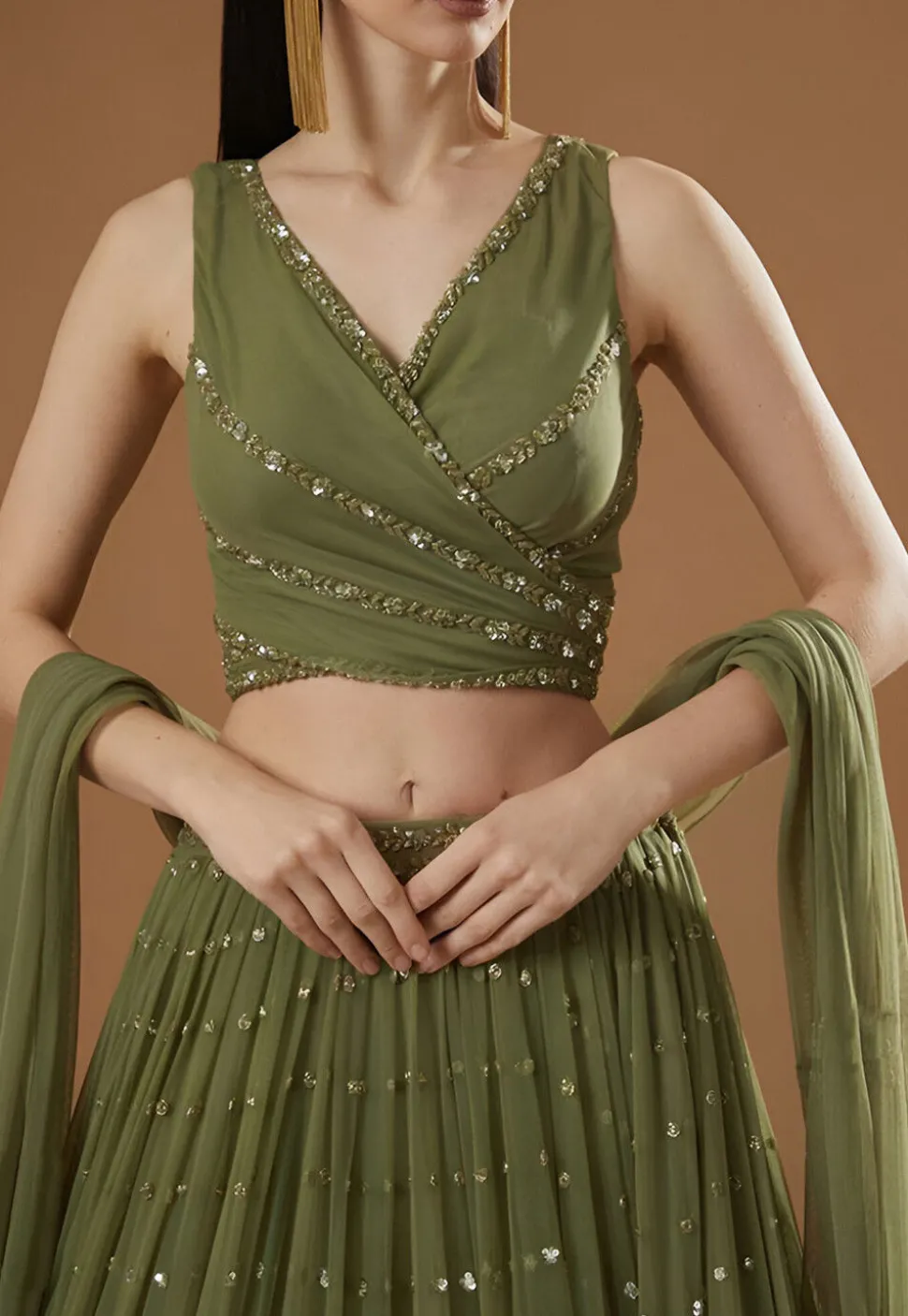 Embroidered Georgette Lehenga in Olive Green