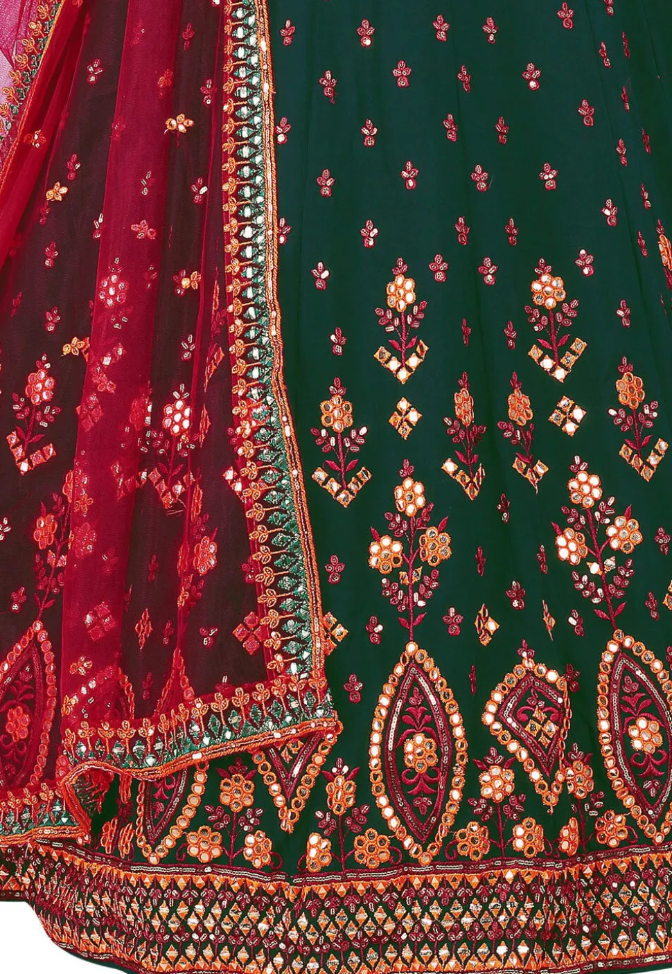 Embroidered Georgette Lehenga in Dark Green