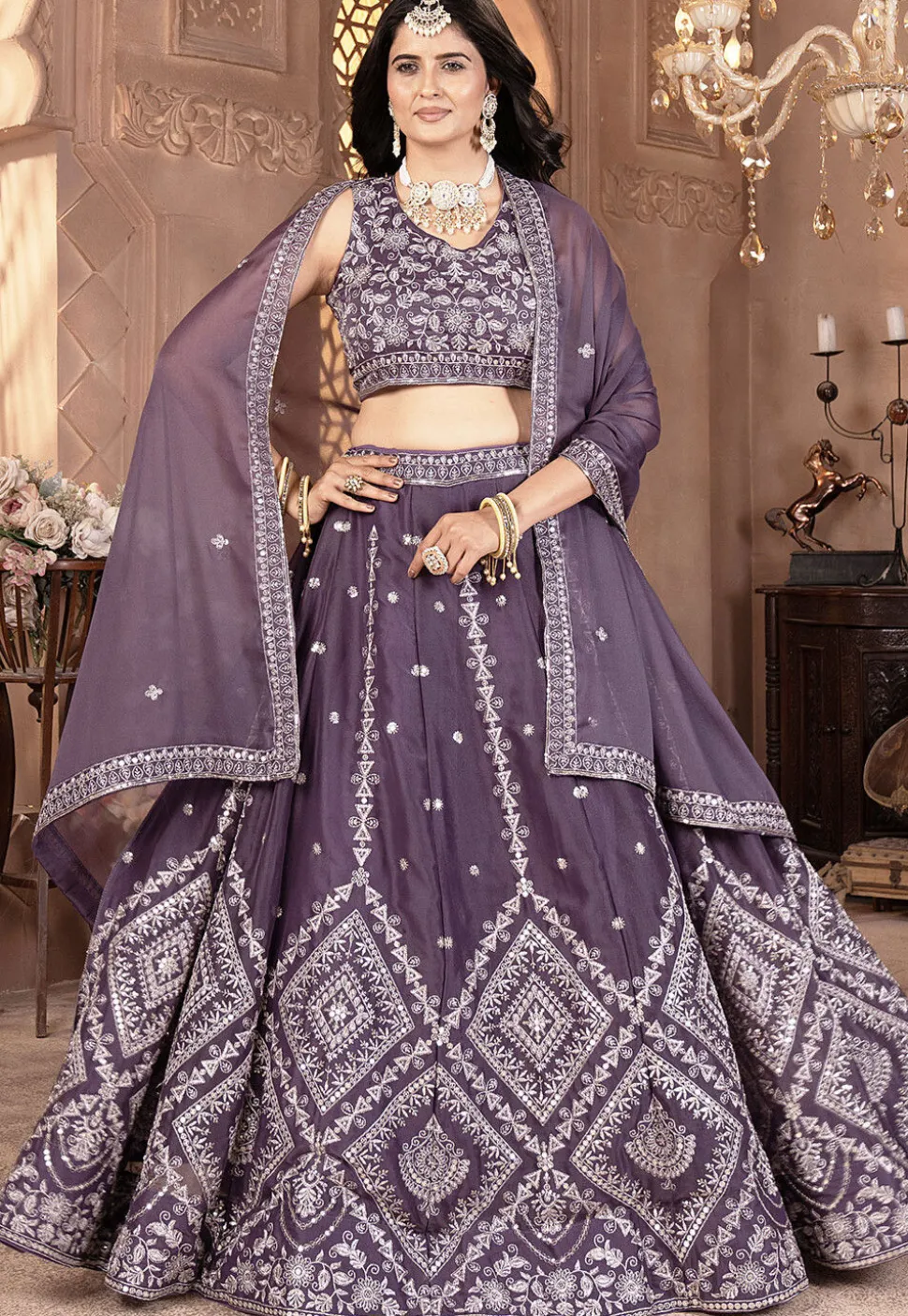 Embroidered Georgette Lehenga in Dusty Purple