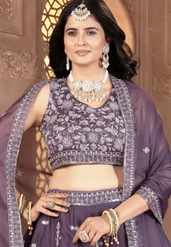 Embroidered Georgette Lehenga in Dusty Purple
