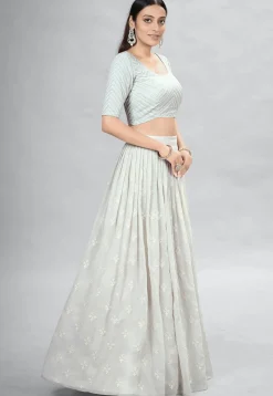 Embroidered Georgette Lehenga in Light Grey