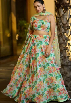 Embroidered Georgette Lehenga in Sea Green