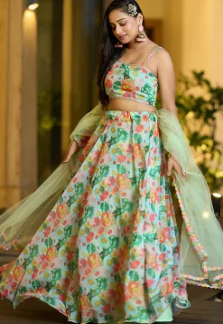 Embroidered Georgette Lehenga in Sea Green