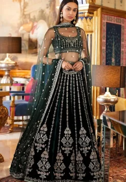 Embroidered Georgette Lehenga in Dark Green