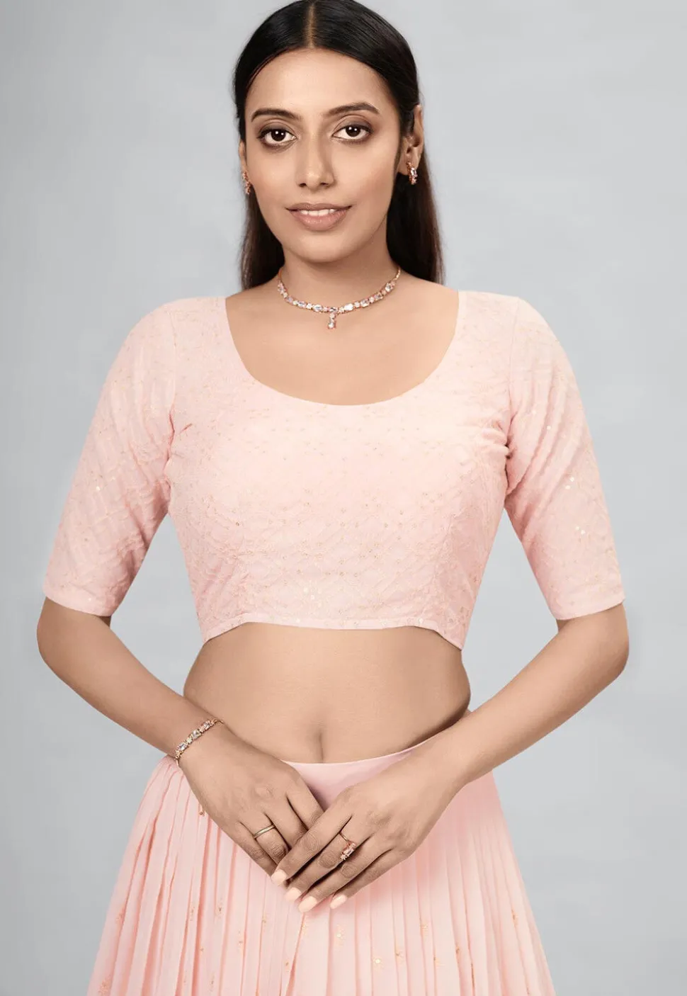 Embroidered Georgette Lehenga in Peach