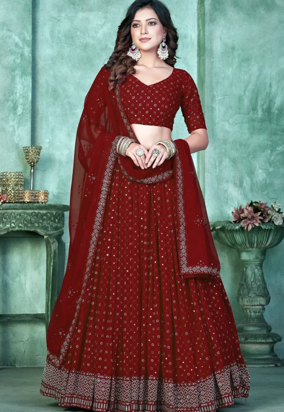 Embroidered Georgette Lehenga in Maroon