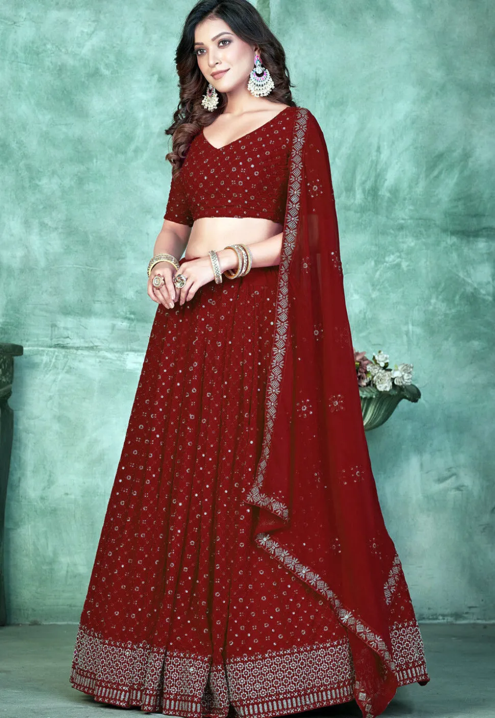 Embroidered Georgette Lehenga in Maroon