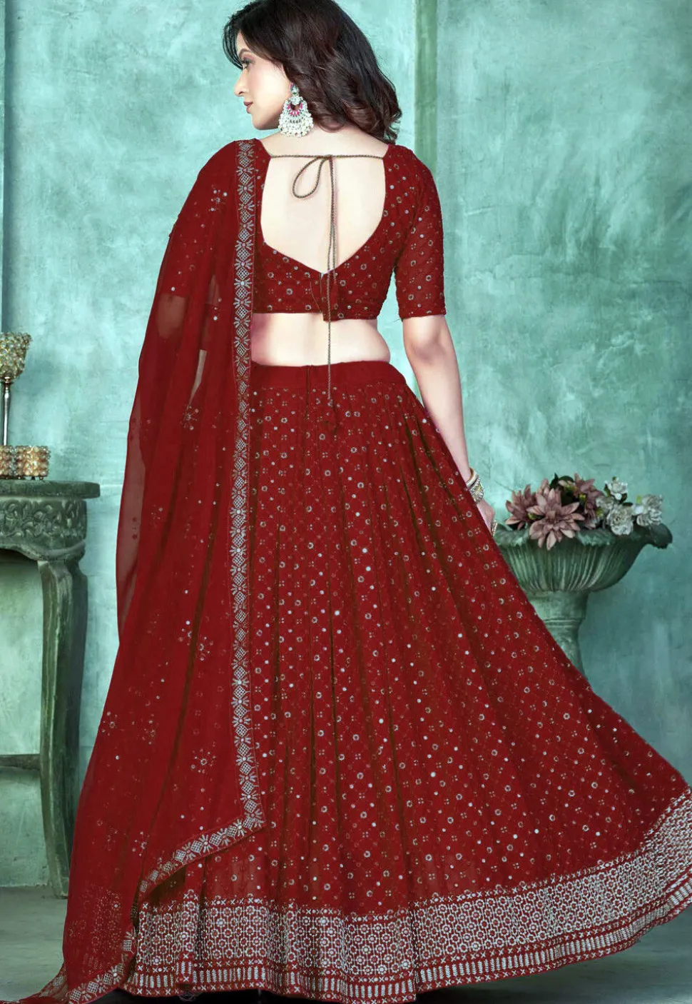 Embroidered Georgette Lehenga in Maroon