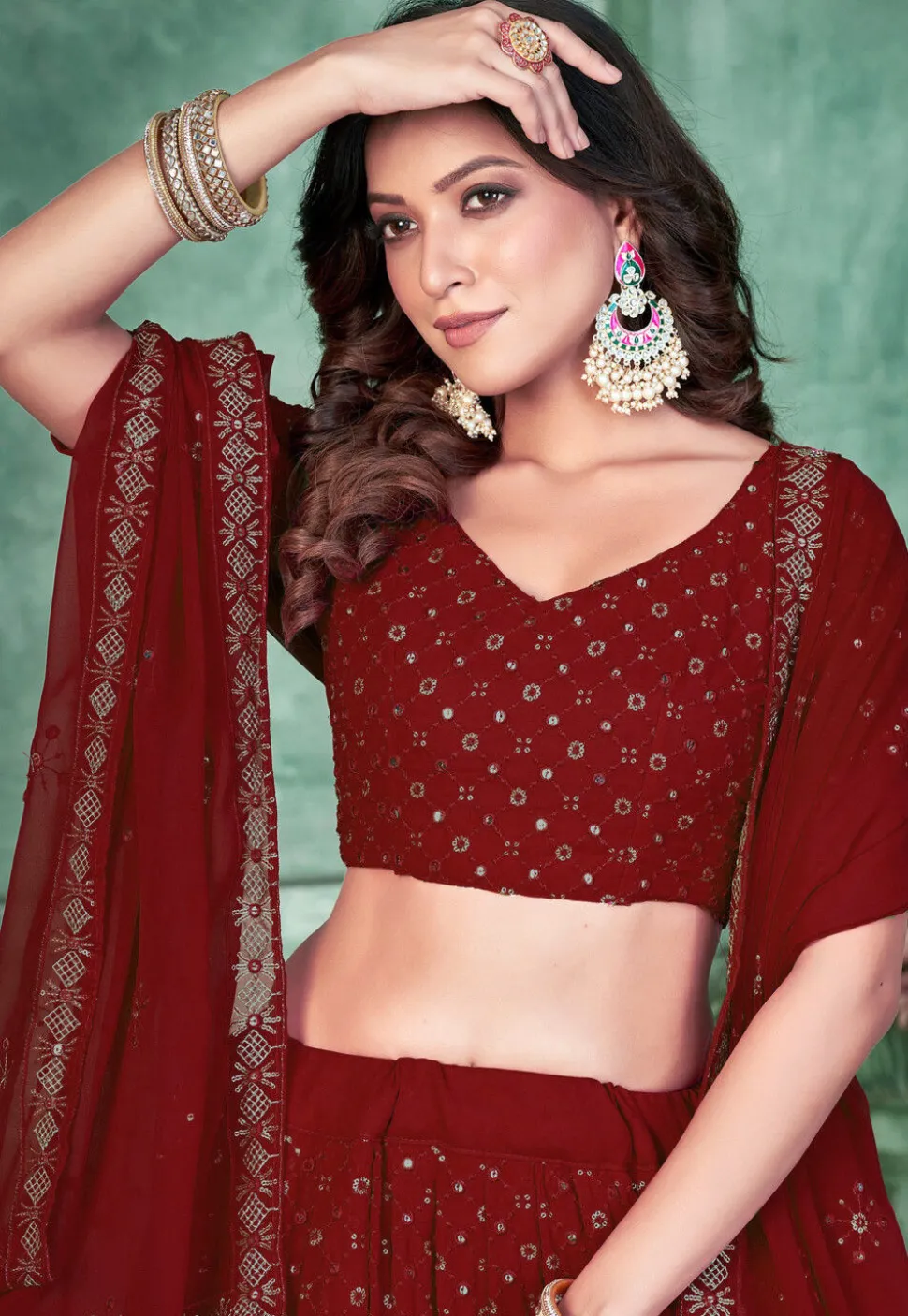 Embroidered Georgette Lehenga in Maroon