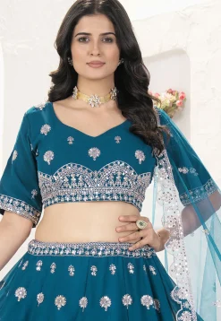 Embroidered Georgette Lehenga in Teal Blue