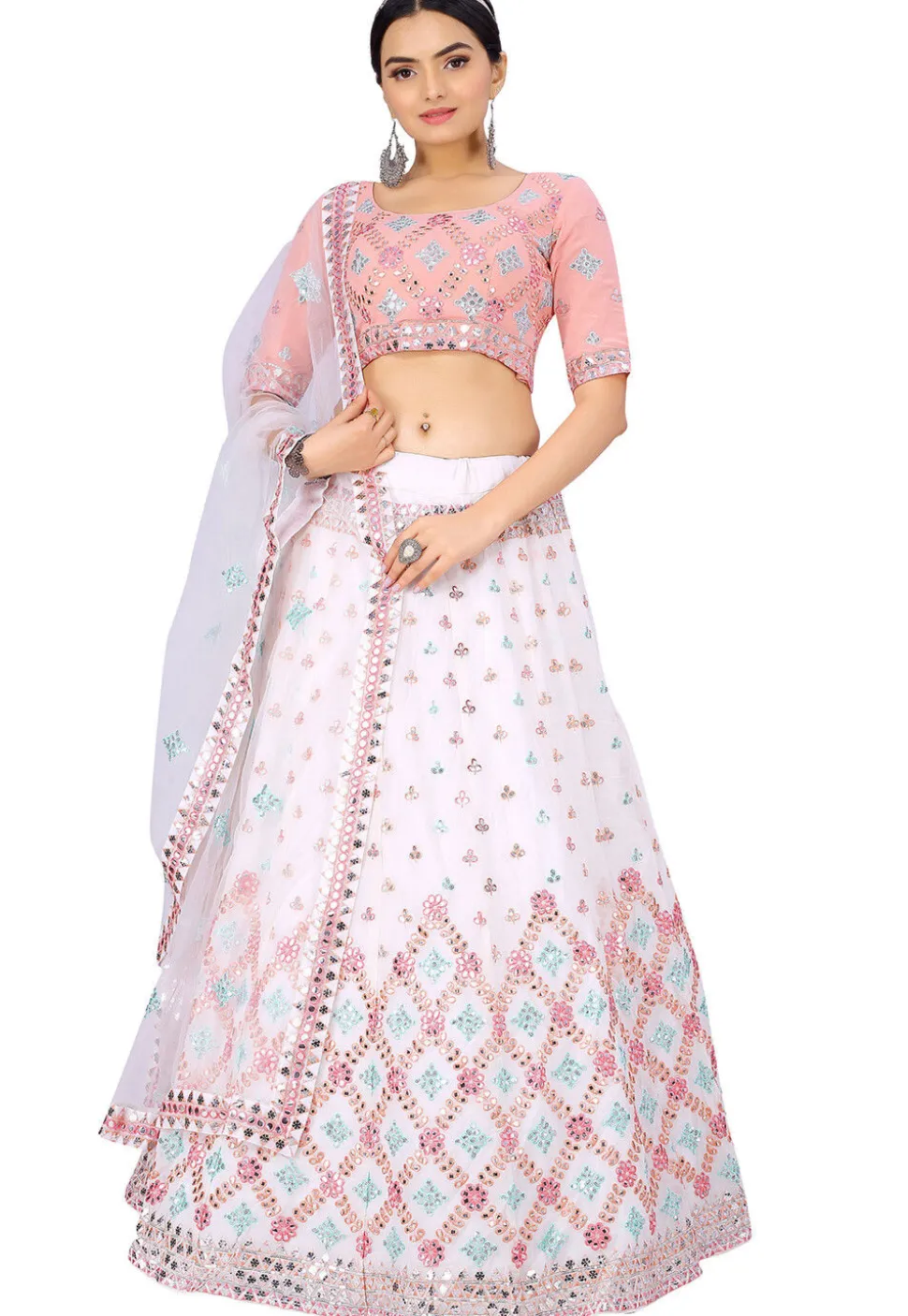 Embroidered Georgette Lehenga in Off White