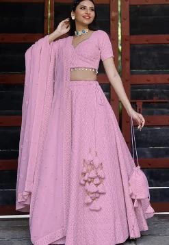 Embroidered Georgette Lehenga in Light Pink