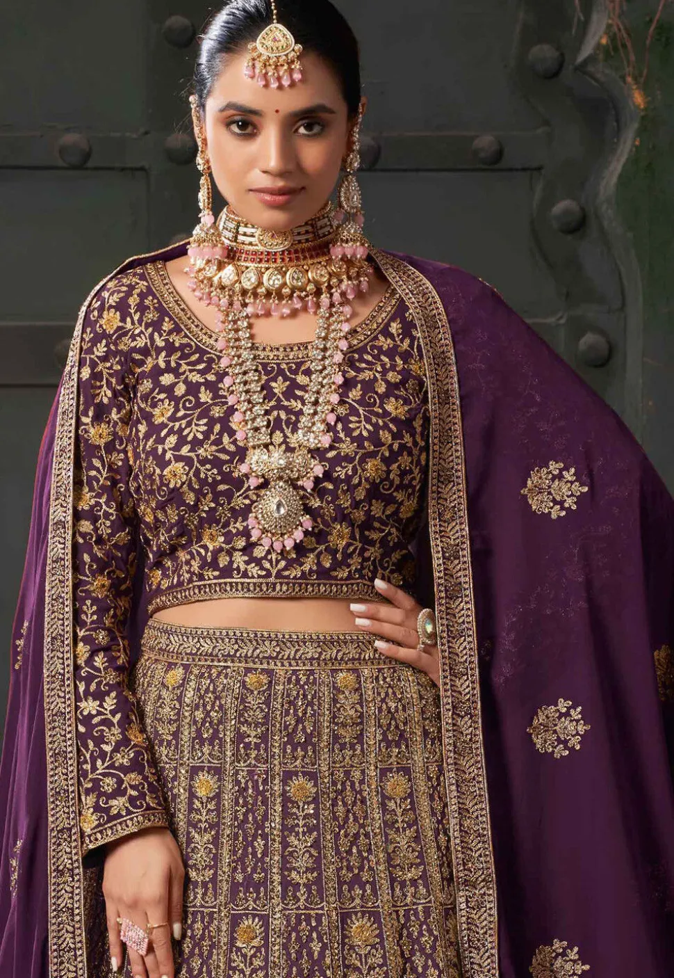 Embroidered Georgette Lehenga in Wine