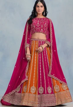 Embroidered Georgette Lehenga in Orange and Fuchsia