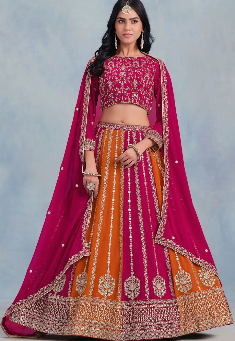 Embroidered Georgette Lehenga in Orange and Fuchsia