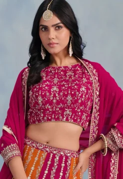 Embroidered Georgette Lehenga in Orange and Fuchsia