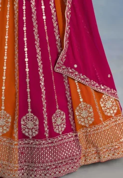 Embroidered Georgette Lehenga in Orange and Fuchsia
