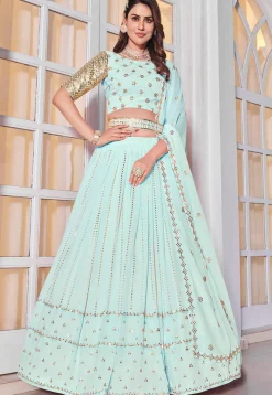 Embroidered Georgette Lehenga in Sky Blue