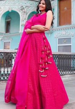 Embroidered Georgette Lehenga in Fuchsia
